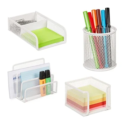 Afbeelding van Relaxdays Bureau organizer set 4 delig pennenbak memobox brievenhouder mesh wit
