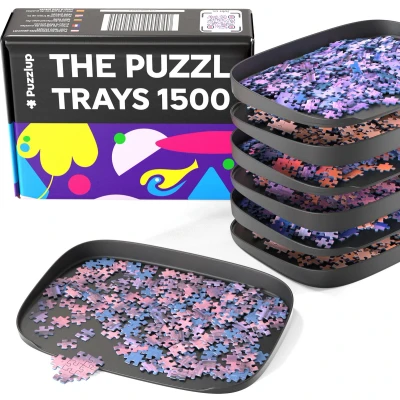 Afbeelding van Puzzlup Stapelbare Puzzelbakjes Set van 6 Design Trays Deksel Met Doosweergave Tot 1500 Stukjes Premium Puzzelaccessoire