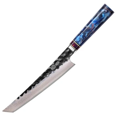 Afbeelding van MITSUMOTO SAKARI 21cm Japans Koksmes, Handgesmeed Tricolour Copper Damascus Stalen Keukenmessen, Professioneel Vlees Sushi Koksmes (Blauw Kunsthars Handvat en Geschenkverpakking)