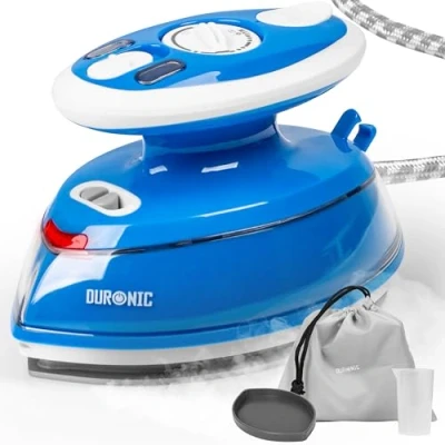 Afbeelding van Duronic SI3 BE Reis Stoomstrijkijzer blauw 400 W mini strijkijzer met stoomgenerator verticaal strijken waterreservoir 35 ml reistas &amp; hitte bestendige siliconen plank bijgeleverd