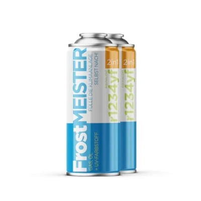Afbeelding van FrostMEISTER 2 in 1 x 400 ml auto airconditioning navulset voor R1234yf (vanaf bouwjaar 2017) snelle, eenvoudige en milieuvriendelijke vulling incl. compressorolie, veilig voertuigen