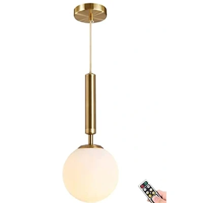 Afbeelding van Draadloze hanglamp op batterijen met afstandsbediening en dimbare gloeilamp, onbedraad, werkt batterijen, witte matglazen bolkap voor keukeneilanden, eetkamer,