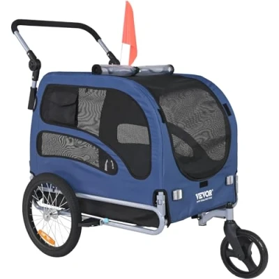 Afbeelding van VEVOR Hondenfietskar, ondersteunt tot 100 pond, 2 in 1 wandelwagen voor huisdieren, fietsendrager, eenvoudig inklapbaar winkelwagenframe met snelsluitwielen, universele fietskoppeling, reflectoren,