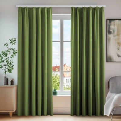 Afbeelding van Deconovo Verduisteringsgordijnen Plooiband Black Out Thermisch Geisoleerd Ondoorzichtig Gordijnen Set van 2 Energiebesparing Stof Groen 140x260cm