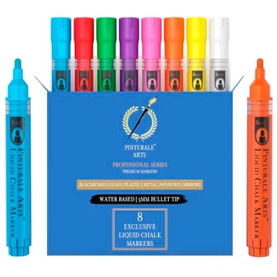 Afbeelding van Pinturale Arts Vloeibare krijtstiften, set met 8 kleuren, uitwisbare glasmarkers, punt 3 mm, voor ramen, borden, gemakkelijk droog afwisbaar