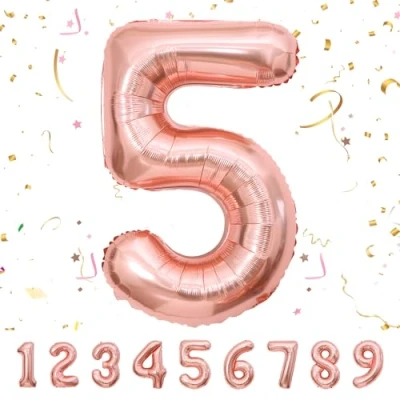 Afbeelding van Ballonnen voor verjaardag, 5 jaar, roségoud, 101 cm, ballon met cijfer 5, verjaardagsdecoratie, vliegen helium