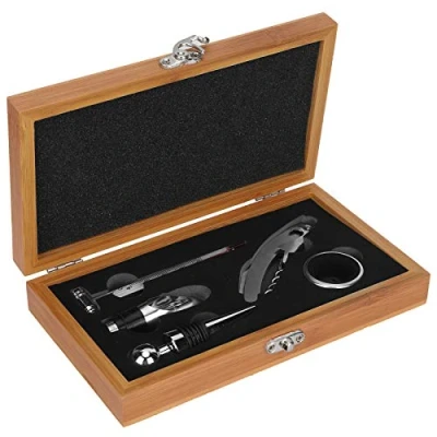 Afbeelding van Wijnopener kurkentrekkerset met houten kist, 5 delige geschenkverpakking voor wijnflesaccessoires, kurkentrekker, wijnstop, schenker, wijnring en thermometer