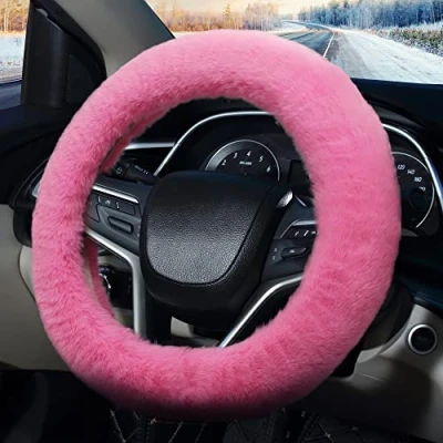 Afbeelding van Pahajim Pluizige stuurwielhoezen, zachte harige auto antislip pluche stuurhoes warme wol universeel 36 39 cm winterautodecoratie voor vrouwen (roze)