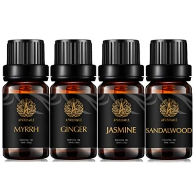 Afbeelding van Aromatherapie sandelhout etherische olie set voor diffusor, 100% pure jasmijn kit kaarsen en zeep, 4 x 10 ml therapeutische grade mirre olieset, gemberoliën