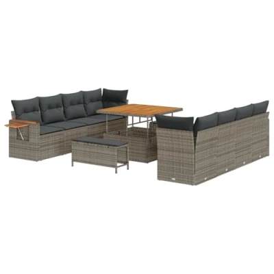 Afbeelding van vidaXL 11 delige tuinsofa set met kussens grijs poly rattan acacia, 3 tuin eetset acacia