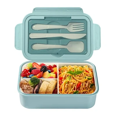Afbeelding van Diboniur Lunchbox broodtrommel met bestek, volwassenen en kinderen, 1400 ml, bento box vakken, werk, magnetronbestendig, blauw