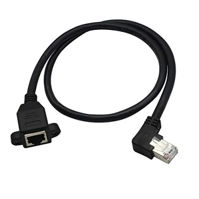 Afbeelding van Ethernet verlengkabel, RJ45 mannelijk naar vrouwelijk schroefpaneel Mount CAT6/5e/5 afgeschermde netwerk LAN Extender Cord Connector (schuine links)