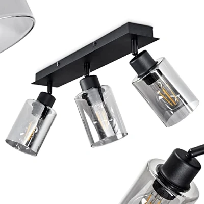 Afbeelding van plafondlamp Hunouri, metaal/glas in zwart/rook, met kappen van gerookt glas, 3 lamp, E27 fitting, zijn draaibaar, zonder gloeilamp