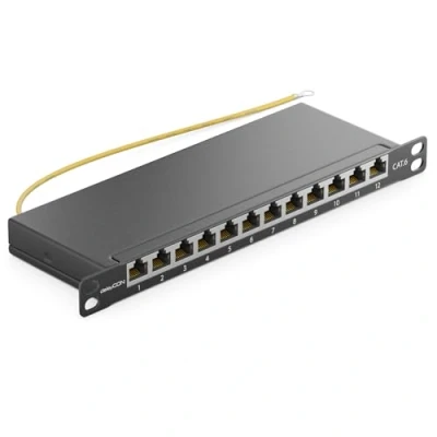 Afbeelding van deleyCON CAT 6 0,5U Patchpanel Mini Distributiepaneel 12 Poorts Desktop 10 Inch Rackmount Servermontage RJ45 Afgeschermd TIA568A TIA568B RAL 9005 Zwart