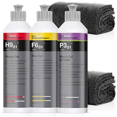 Afbeelding van Detailmate Koch Chemie Polijstmiddel Set: Grove Polijstpasta 250 ml + Fijne Micro &amp; Finish 2 microvezeldoeken, 550 g/m²