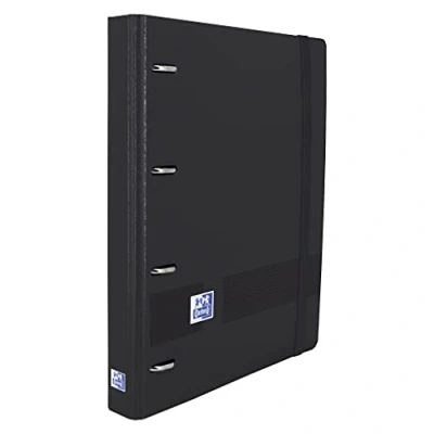 Afbeelding van Oxford Live &amp; Go Ordner met 4 ringen, polyfoam rubber, maat A4+, afneembaar bord, stickervel, navulling 5 gekleurde linten en x geruit, zwart
