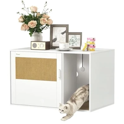 Afbeelding van PawHut Katzenschrank, Katzentoilette mit Loch, Katzenklo Schrank Tür, Eingang, Kratzpad, für Katze unter 6 kg, 80 x 50 cm, Indoor, Weiß