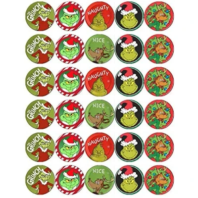 Afbeelding van 30 The Grinch Kerst Cupcake Toppers Eetbare Wafer Papier Fairy Cake Verjaardagstaarten