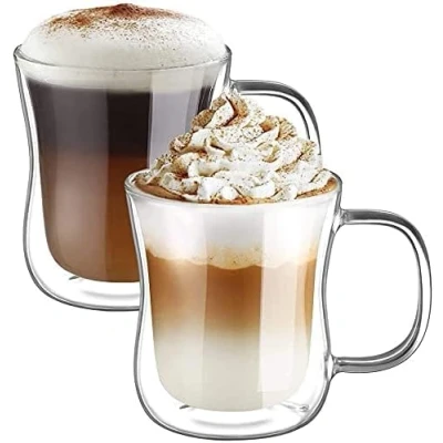 Afbeelding van ecooe Dubbelwandige latte macchiato glazen, set van 2 stuks, borosilicaatglas, koffiekopjes, 350 ml, koffieglas, theeglazen met handvat, voor cappuccino, macchiato, thee, ijs, melk, bier
