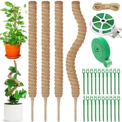 Afbeelding van NCKIHRKK 4 stuks plantenstokken, 70 cm opvouwbare mosstok, kokosvezel plantenstok, plantensteun met 20 m banden, touw, mosstok voor Monstera binnentuin