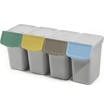 Afbeelding van KADAX afvalemmer met deksel, plastic voor afvalscheiding, rechthoekige klapdeksel (grijs, 4 x 20 l)