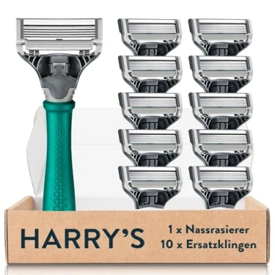 Afbeelding van Harry&#039;s nat scheerapparaat voor mannen, scheerset met groene handgreep, 10 reservescheermesjes, scheermesjes heren, scheermesjes,