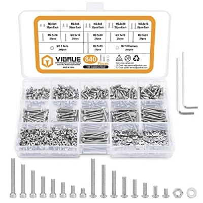 Afbeelding van VIGRUE M2,5 schroevenset, 840 stuks M2.5 zeskantschroeven, set 304 roestvrij stalen zeskantkop met lenskop schroefschroeven, moeren en sluitringen, assortiment kit doos