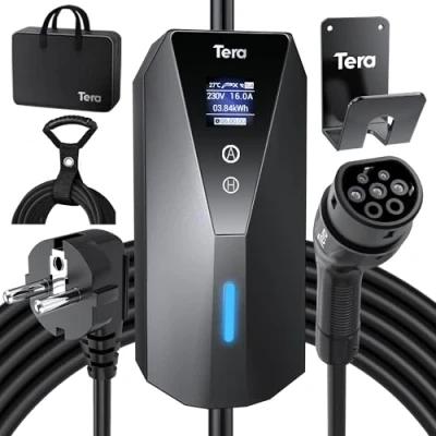 Afbeelding van Tera EV oplader, draagbaar type 2 met 7 m laadkabel, 3 kW, 16 A, Schuko laderbox, instelbare stroom, helder lcd display, IP66 waterdichte kabelhouder, kabelbinders, Duitstalige handleiding