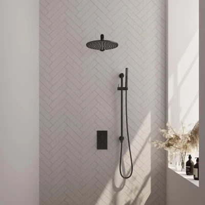 Afbeelding van BRAUER Black Edition thermostatische inbouw regendouche 3 weg omstelling SET 38 met 30 cm douchekop en rechte muurarm staaf handdouche