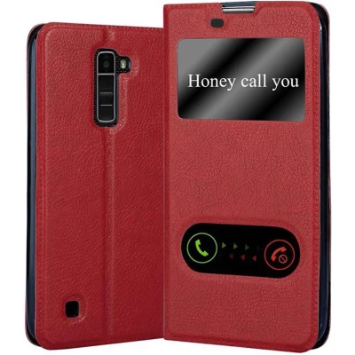 Afbeelding van Cadorabo Hoesje geschikt voor LG K10 2016 in SAFRAN ROOD Beschermhoes met magnetische sluiting, standfunctie en 2 kijkvensters Book Case Cover Etui