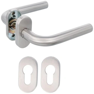 Afbeelding van AMIG 9954 deurklinkset model 4 &quot;O&quot; met ovale plaat roestvrij staal 18/8 136x19 (diameter) mm rozet van vernikkeld 65x31mm