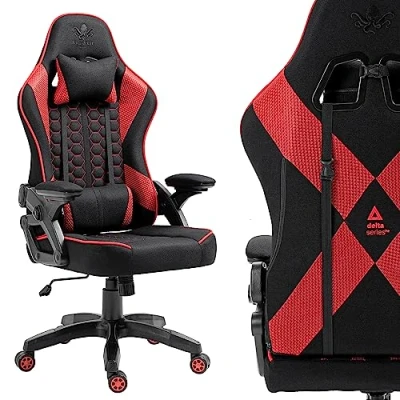 Afbeelding van Gamingstoel Stof, Bureaustoel In hoogte verstelbaar Draaistoel Ergonomische stoel Verstelbare armleuning 2D Lendenkussen Hoofdsteun regolabile Zwart Rood