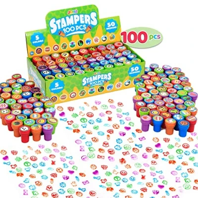 Afbeelding van JOYIN 100 stuks stempels voor kinderen, zelfkleurende stempelset 3 jaar (50 designs, plastic stempels, dinosaurus stempel, dierentuina safari stempel) paaseieren, feestgeschenken, lerarenstempels