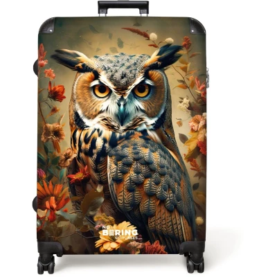 Afbeelding van NoBoringSuitcases.com® Koffer groot Reiskoffer lichtgewicht Portret van een uil tussen rode oranje bloemen Rolkoffer met 4 wielen Grote trolley XL 98 liter bagage