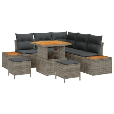 Afbeelding van vidaXL 8 delige Tuin Sofa Set met Kussens Grijs Poly Rattan Acacia, 3 Eet Acacia