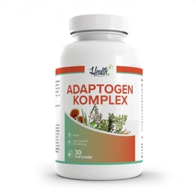 Afbeelding van Healt+ ADAPTOGEN COMPLEX 120 capsules met een unieke combinatie van werkzame stoffen ashwagandha, Reishi, Maca, Panax, Ginseng, Cordyceps, Schisandra en groene thee