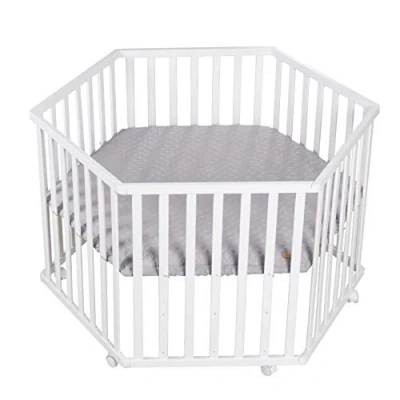 Afbeelding van Roba Style Box 202500WEV230 6 hoekig, veilig speelrooster incl. grijze beschermlaag en wielen, baby kruiprooster, hout, wit