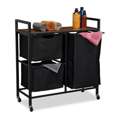Afbeelding van Relaxdays wasmand 3 vakken, uitschuifbare manden, wasbox op wielen, wassorteerder, industrieel design, zwart/bruin