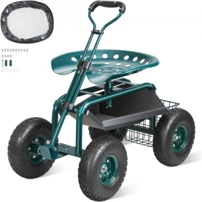 Afbeelding van VEVOR Tuinstoel, 360 graden draaibaar, tuinierkruk op opblaasbare wielen, 25,4 cm, trolley met zitting, 760 x 450 960 mm, uittrekbare handgreep, gereedschapsplaat voor terras, binnenplaats, buiten