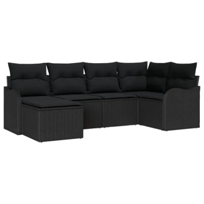 Afbeelding van vidaXL 6 Delige Tuin Sofa Set met Kussens Zwart Poly Rattan, 2 Persoons Rattan
