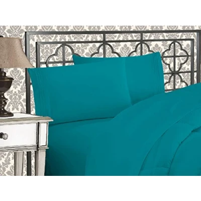 Afbeelding van Elegant Comfort Luxe 1500 draadtelling Egyptische kwaliteit drie lijnen geborduurd zachtste premium hotelkwaliteit 4 delige lakenset, rimpel en vervagingsbestendig, California King, Turquoise