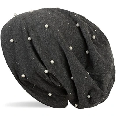 Afbeelding van styleBREAKER muts met parels en strass studs, slouch longbeanie, dames 04024140, Farbe:Donkergrijs gevlekt