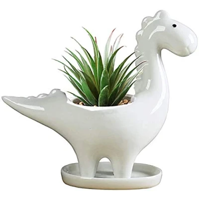 Afbeelding van KiaoTime Dinosaurusvorm Witte Keramische Vetplanten Potten Kleine Planter Bloem Bonsai Plant Dino Vaas Container Cactus Desktop Dier Decoratie Potlood Houder Kwekerij (Herbivoor)