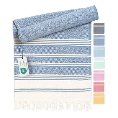 Afbeelding van Fit Flip Hamamdoek Strandhanddoek XXL van 100% gerecycled katoen sneldrogend strandlaken, fouta, pestemal Turkse handdoek ideaal als hamam saunahanddoek en sarong Blauw 100x200cm Diamond