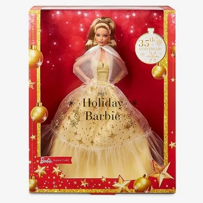 Afbeelding van barbie Siganture Holiday pop Gouden Jurk Modepop