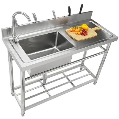 Afbeelding van VEVOR Roestvrijstalen spoelbak, vrijstaande enkele kom commerciële gootsteenset met werkbank, 47 x 19,5 37,5 inch spoelbakken voor garage, restaurant, wasserette, NSF gecertificeerd