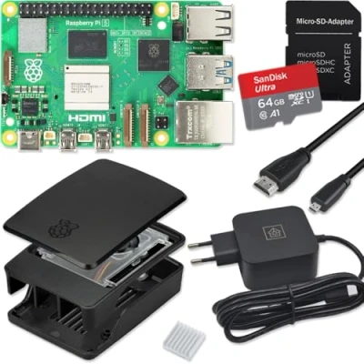 Afbeelding van Raspberry Pi 5 4 GB Starter Kit / USB C 27W voeding behuizing met ventilator 64 SD kaart micro HDMI kabel zwart