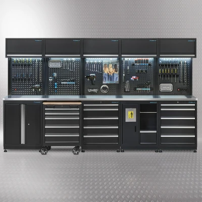 Afbeelding van Datona Werkplaatsinrichting PREMIUM Met RVS Werkblad 340 Cm Breed (340 x 48 200 cm) Zwart
