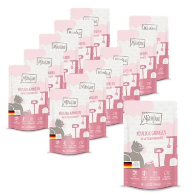 Afbeelding van MjAMjAM premium natvoer voor katten Quetschie heerlijke garnalen op sappige kip, pak van 12 (12 x 125 g), graanvrij met extra vlees