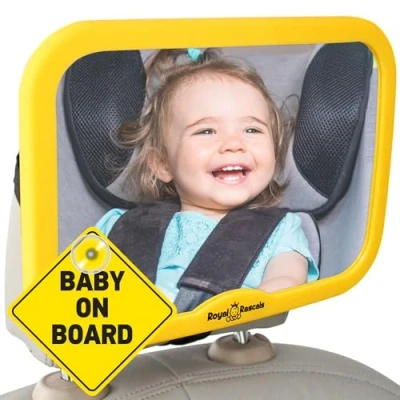 Afbeelding van ROYAL RASCALS Babyspiegel voor de Achterbank Bijgewerkt Premium Model Veilig Geel Frame Onbreekbare in Auto Achteruitkijkspiegel babyautostoel om Achterstevoren Gerichte Baby&#039;s en Kinderen te Kunnen zien